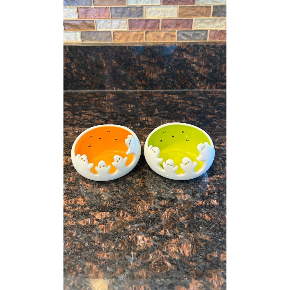 PartyLite Ghost Votive Candle Holders Set of 2 Orange Green Halloween Excellent